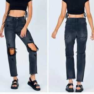 Princess Polly Erissa Knee Rip Jeans in Washed Black, High Waist, Straight Leg.
